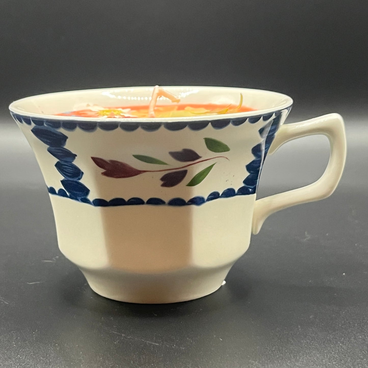 Coral Floral Soy Candle in Faceted Ceramic Teacup with Blue Botanical Border