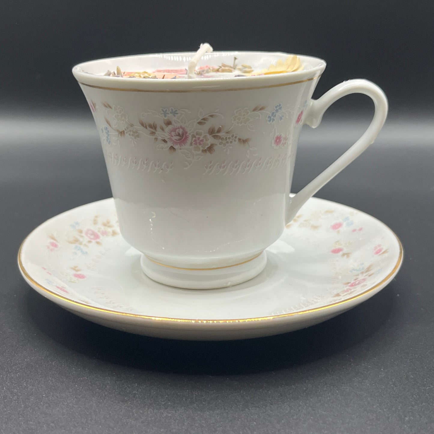 Pastel Garden Floral Soy Candle in Porcelain Teacup with Matching Saucer