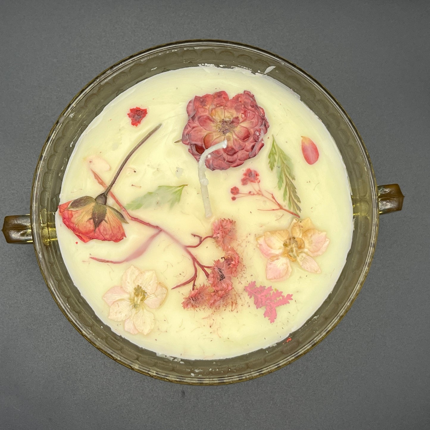 Amber Floral Double-Handled Glass Bowl Candle – Rose Accent