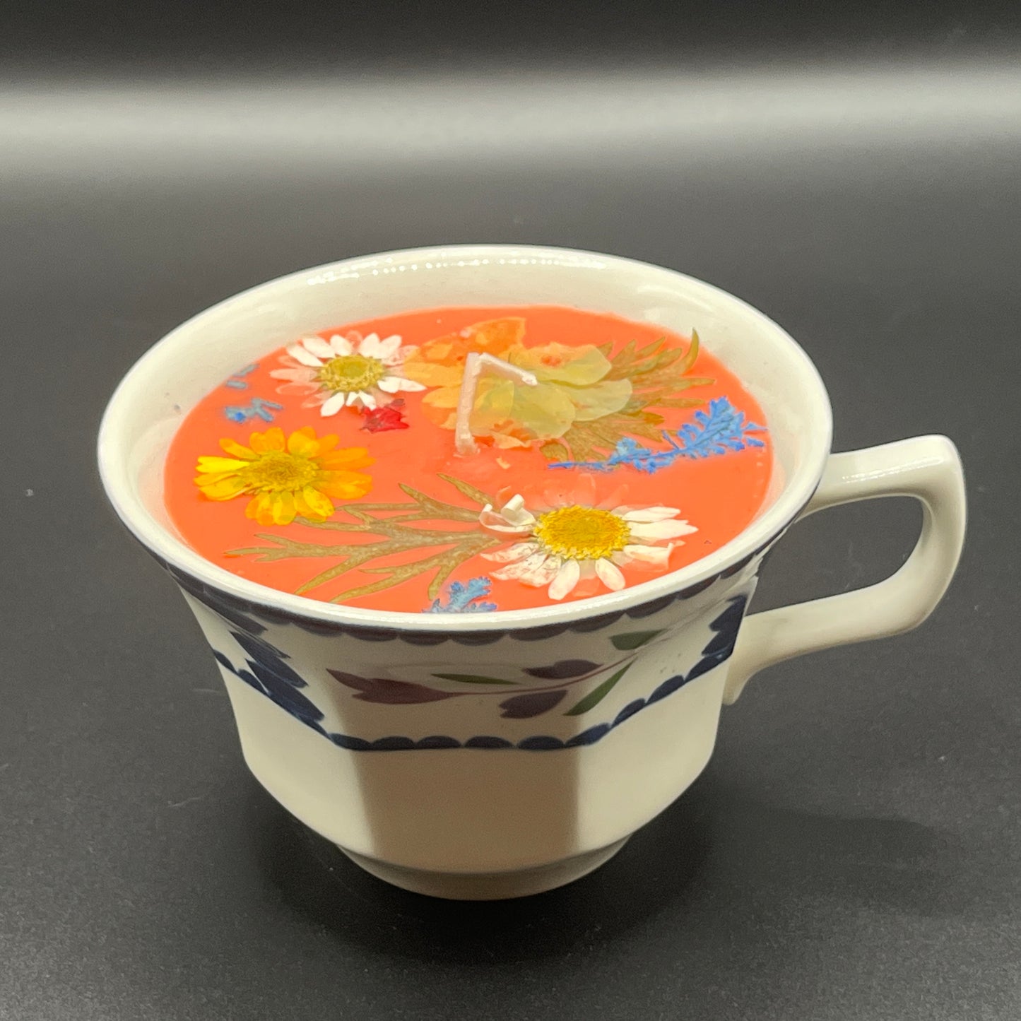 Coral Floral Soy Candle in Faceted Ceramic Teacup with Blue Botanical Border