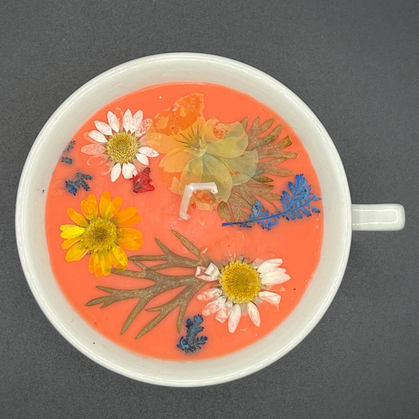 Coral Floral Soy Candle in Faceted Ceramic Teacup with Blue Botanical Border