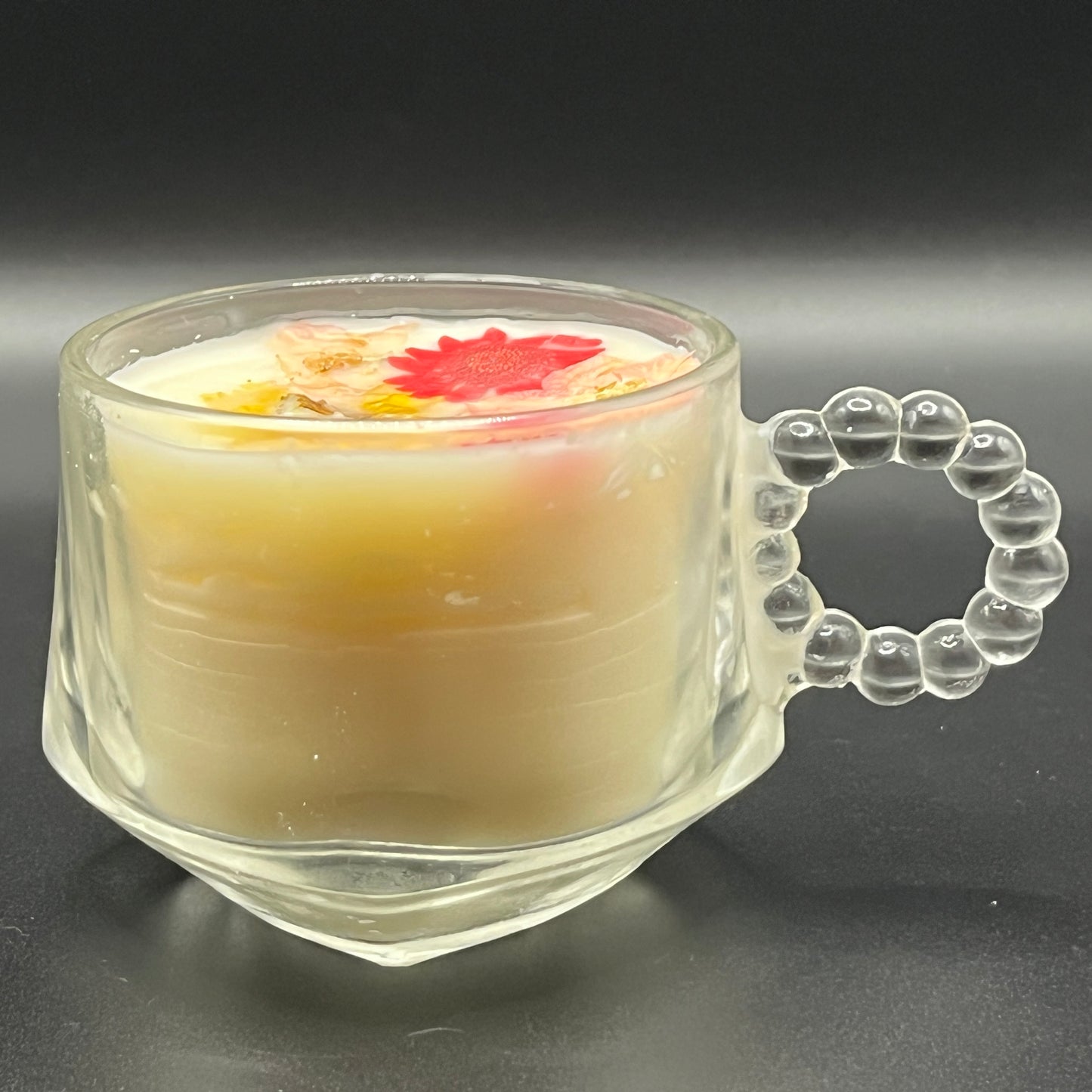 Wickless Pink & Yellow Floral Soy Candle in Clear Glass Mug with Beaded Handle