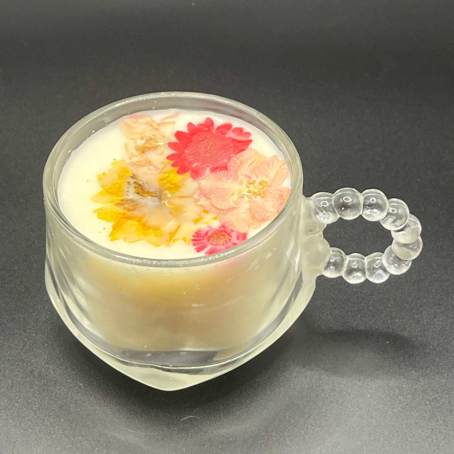Wickless Pink & Yellow Floral Soy Candle in Clear Glass Mug with Beaded Handle