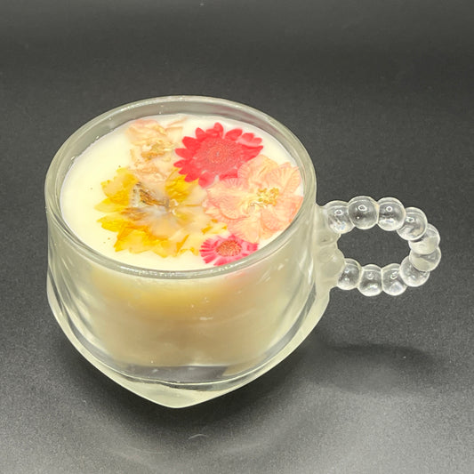 Wickless Pink & Yellow Floral Soy Candle in Clear Glass Mug with Beaded Handle