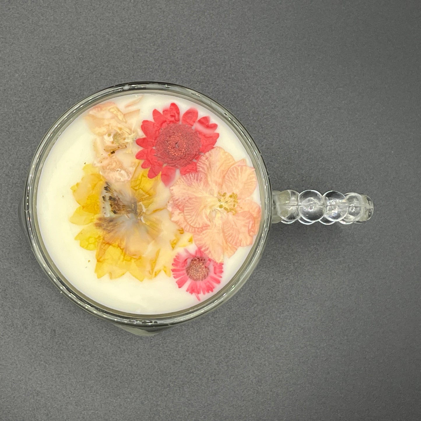 Wickless Pink & Yellow Floral Soy Candle in Clear Glass Mug with Beaded Handle