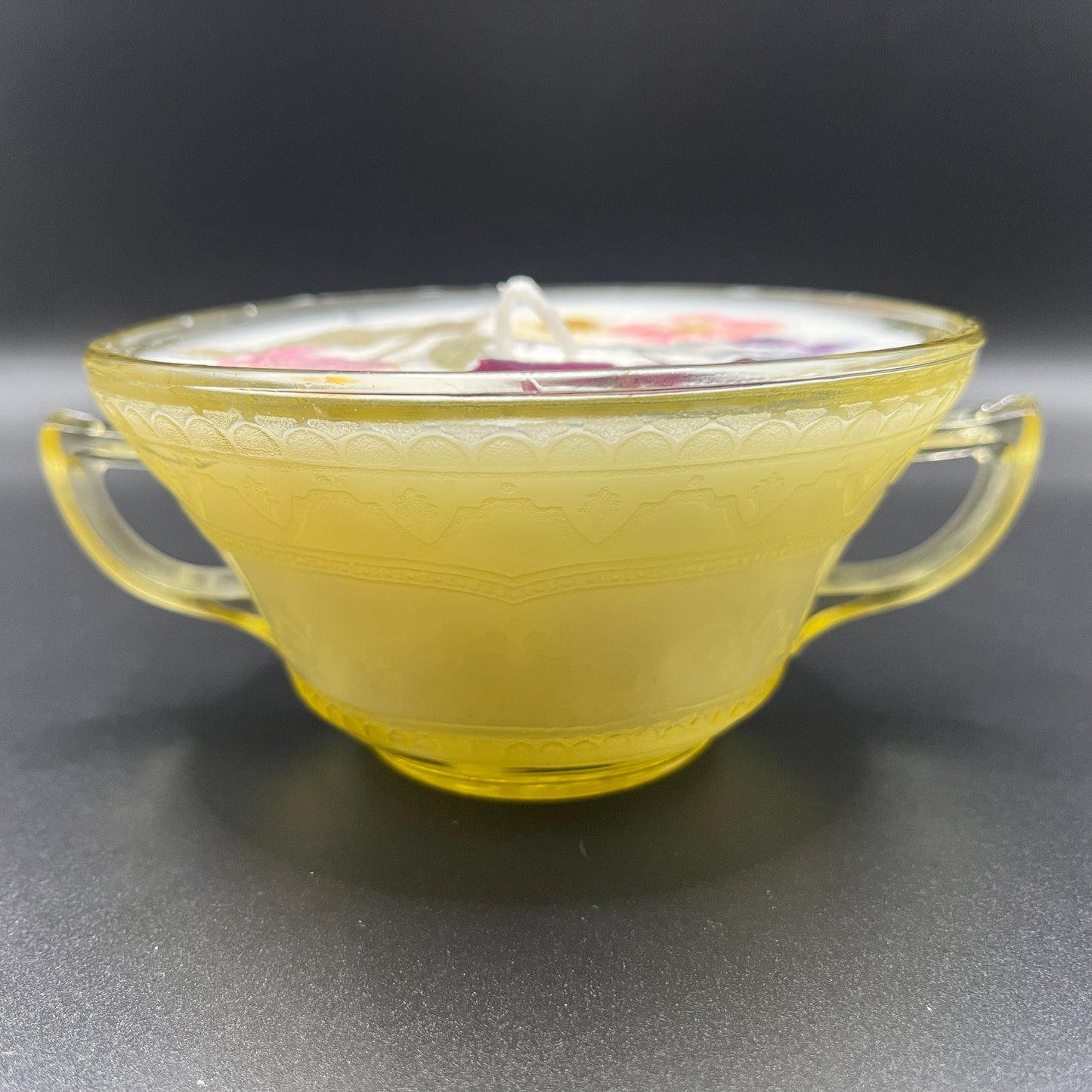 Golden Amber Floral Soy Candle in Vintage Double-Handled Glass Bowl