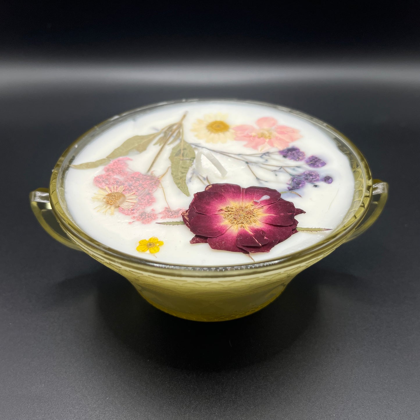 Golden Amber Floral Soy Candle in Vintage Double-Handled Glass Bowl