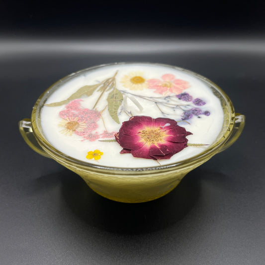 Golden Amber Floral Soy Candle in Vintage Double-Handled Glass Bowl