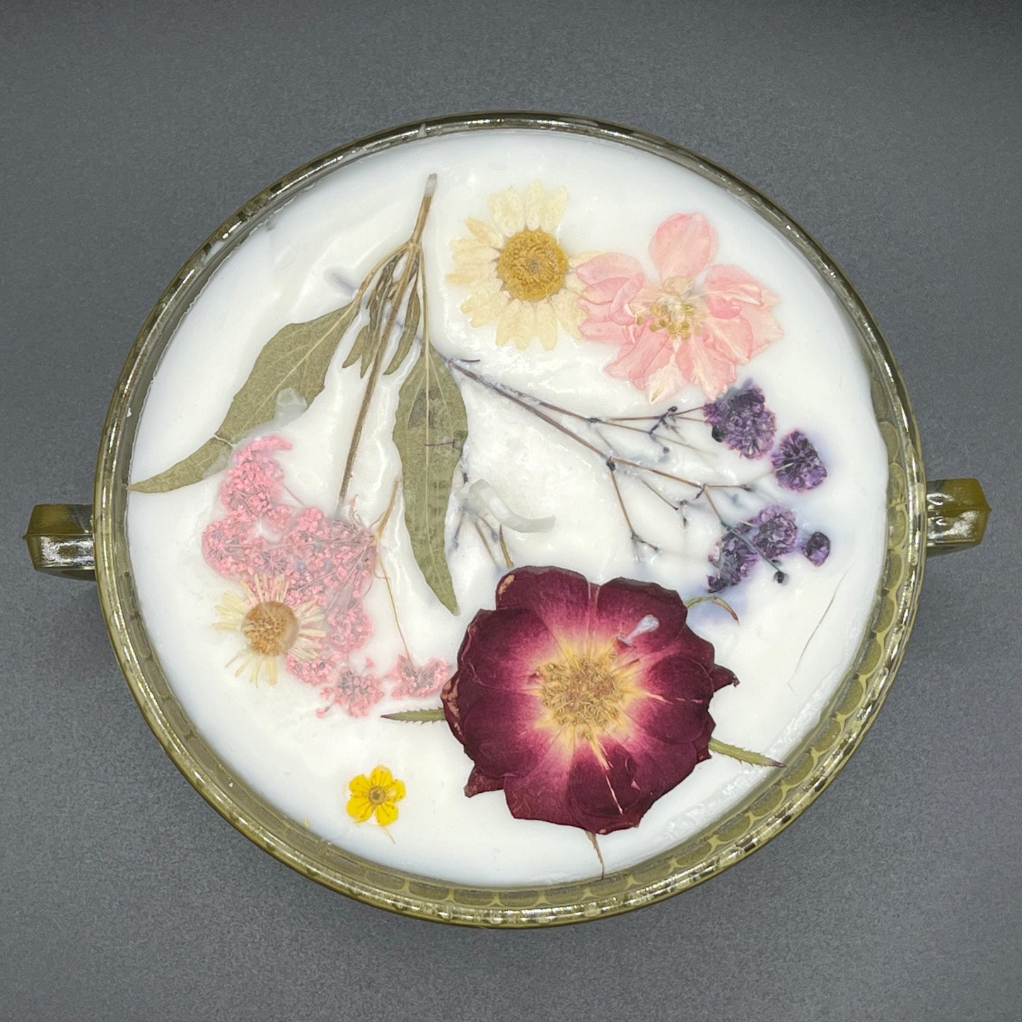 Golden Amber Floral Soy Candle in Vintage Double-Handled Glass Bowl