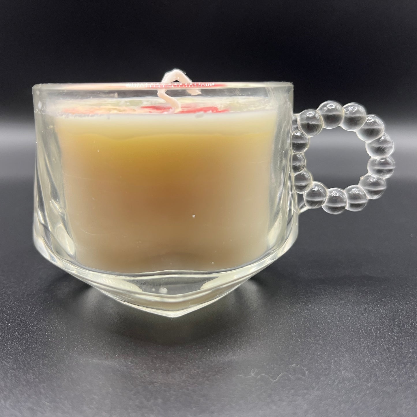 Red & Blush Floral Soy Candle in Clear Glass Mug with Beaded Handle