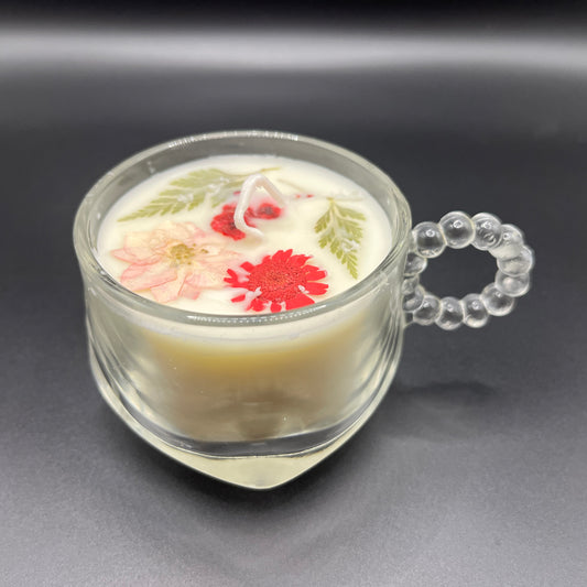 Red & Blush Floral Soy Candle in Clear Glass Mug with Beaded Handle