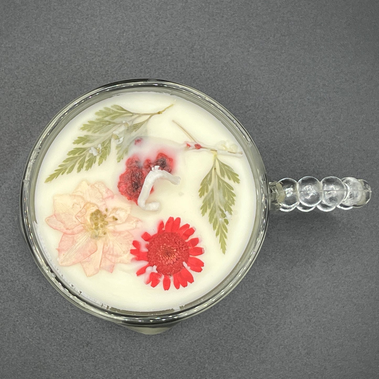 Red & Blush Floral Soy Candle in Clear Glass Mug with Beaded Handle