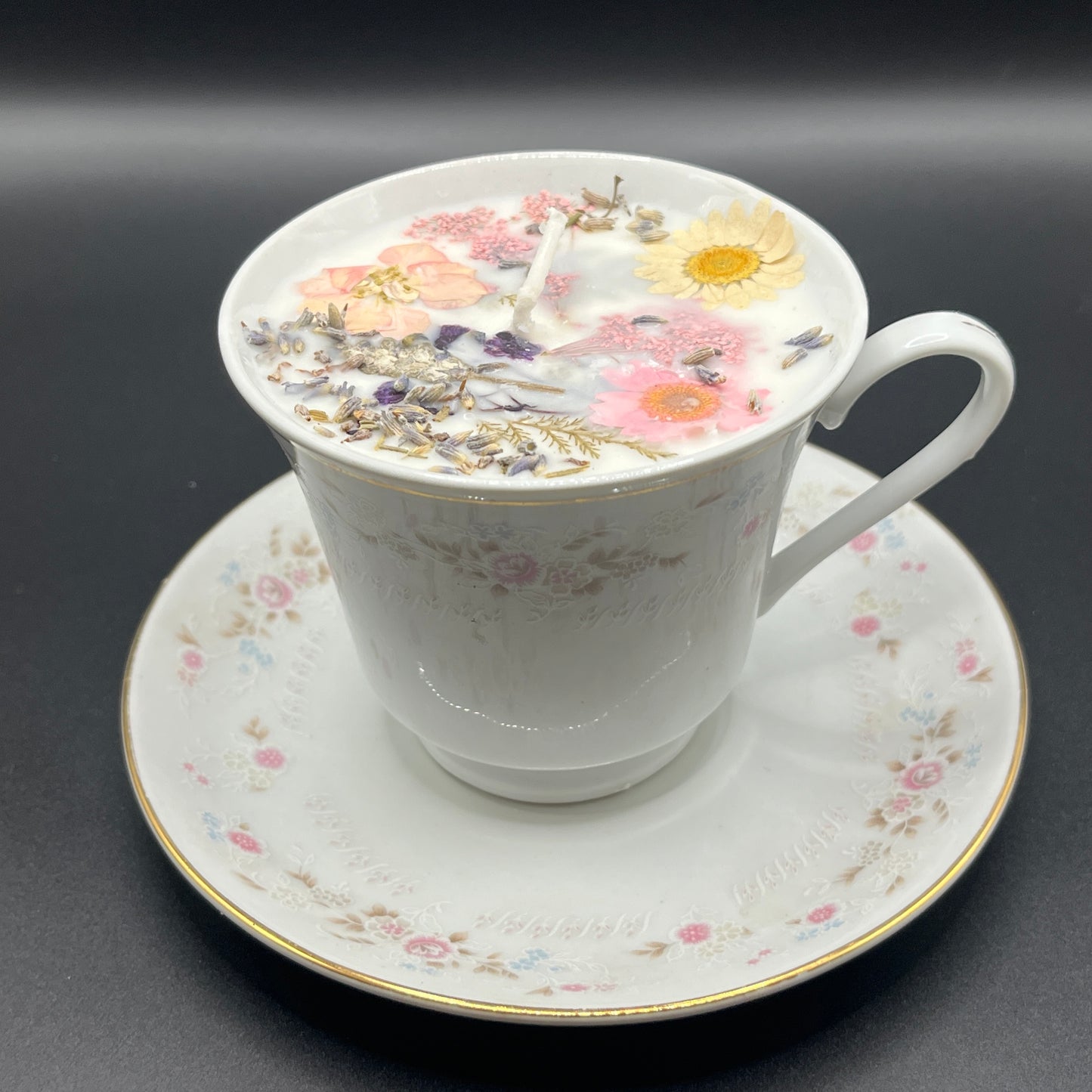Pastel Garden Floral Soy Candle in Porcelain Teacup with Matching Saucer