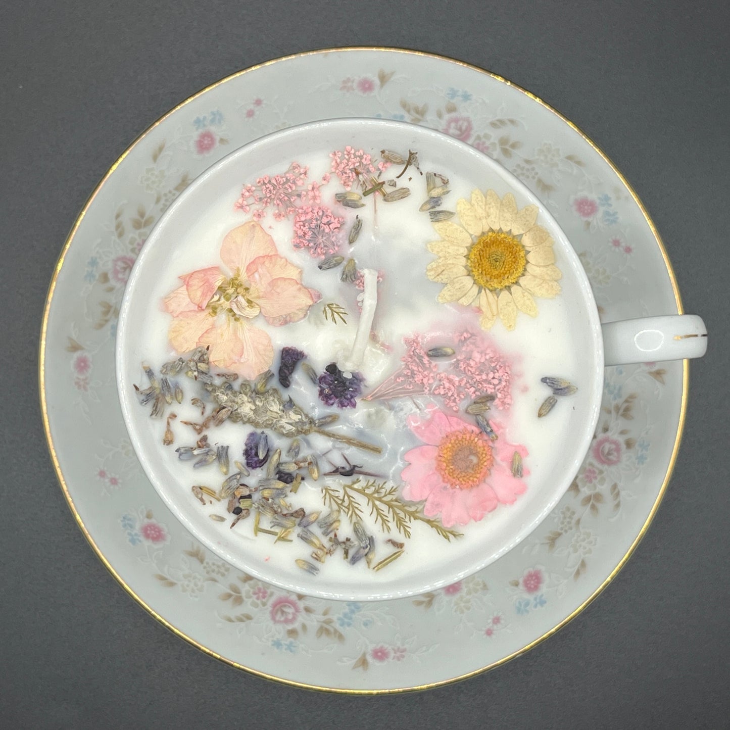 Pastel Garden Floral Soy Candle in Porcelain Teacup with Matching Saucer
