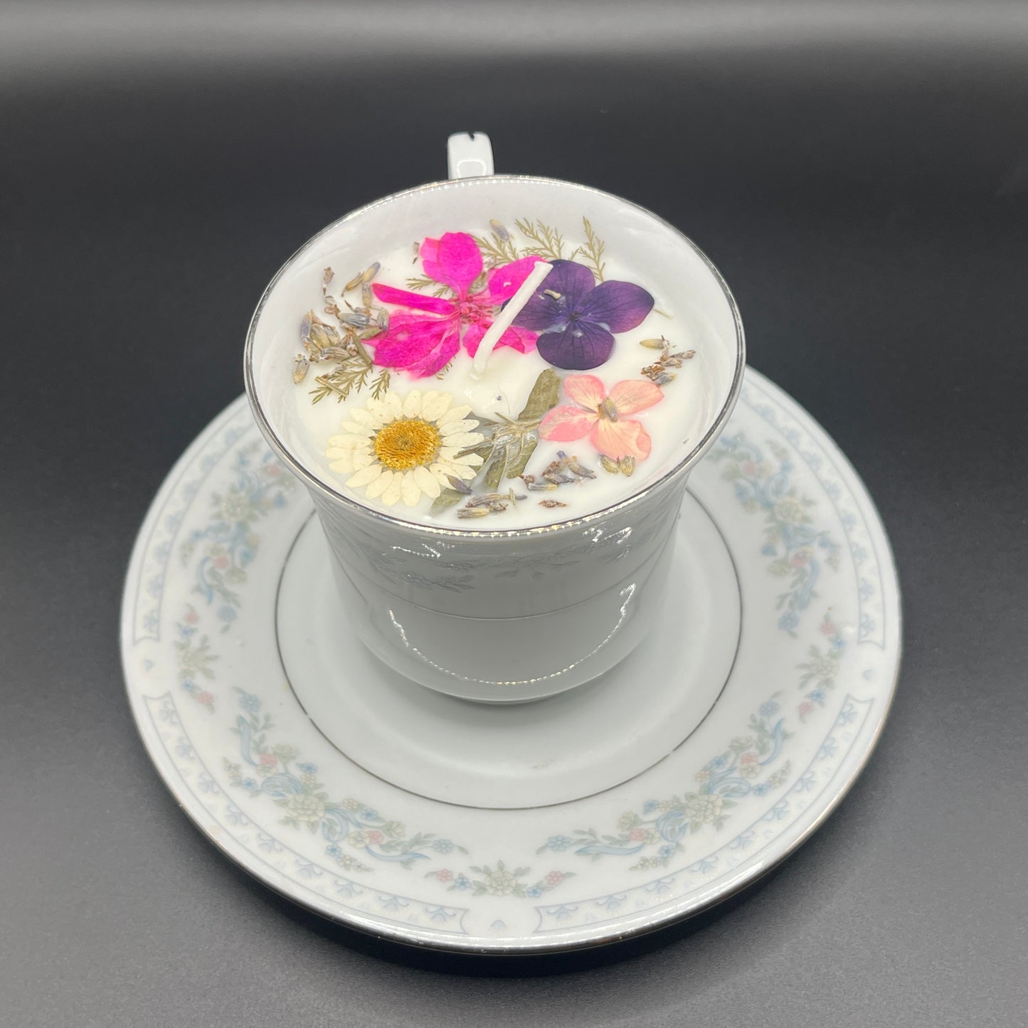 Pink & Violet Garden Floral Soy Candle in Porcelain Teacup with Matching Saucer