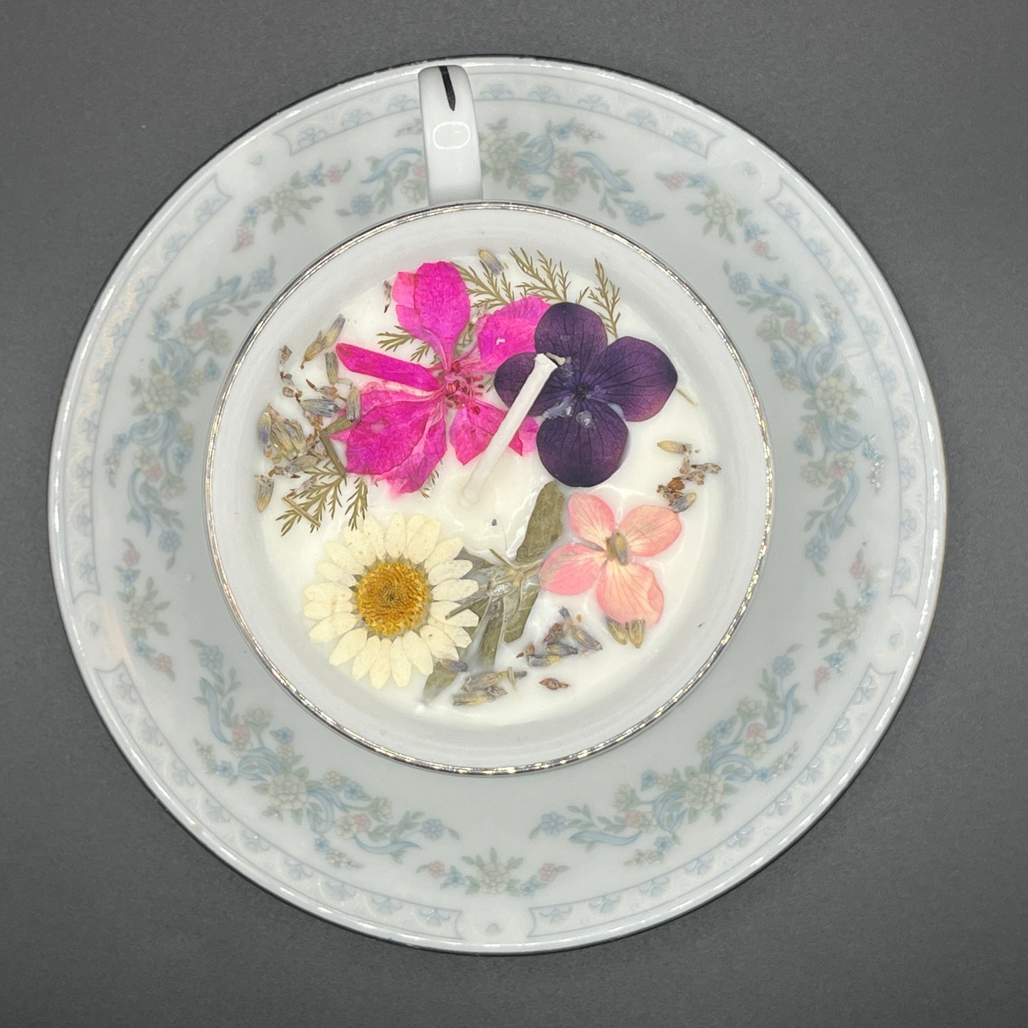Pink & Violet Garden Floral Soy Candle in Porcelain Teacup with Matching Saucer