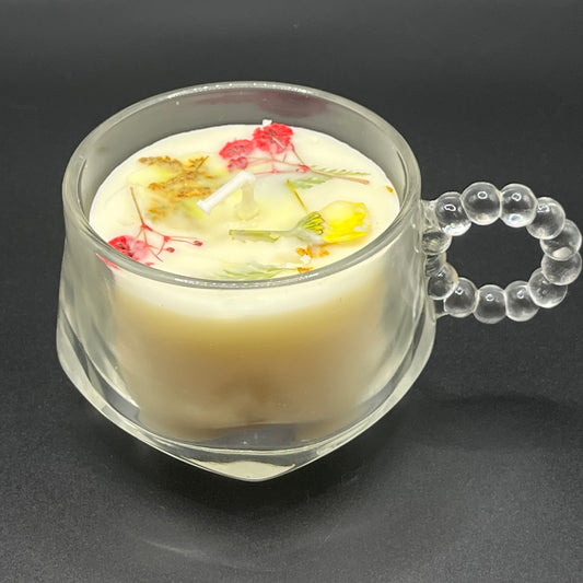 Wildflower Botanical Soy Candle in Clear Glass Mug with Beaded Handle
