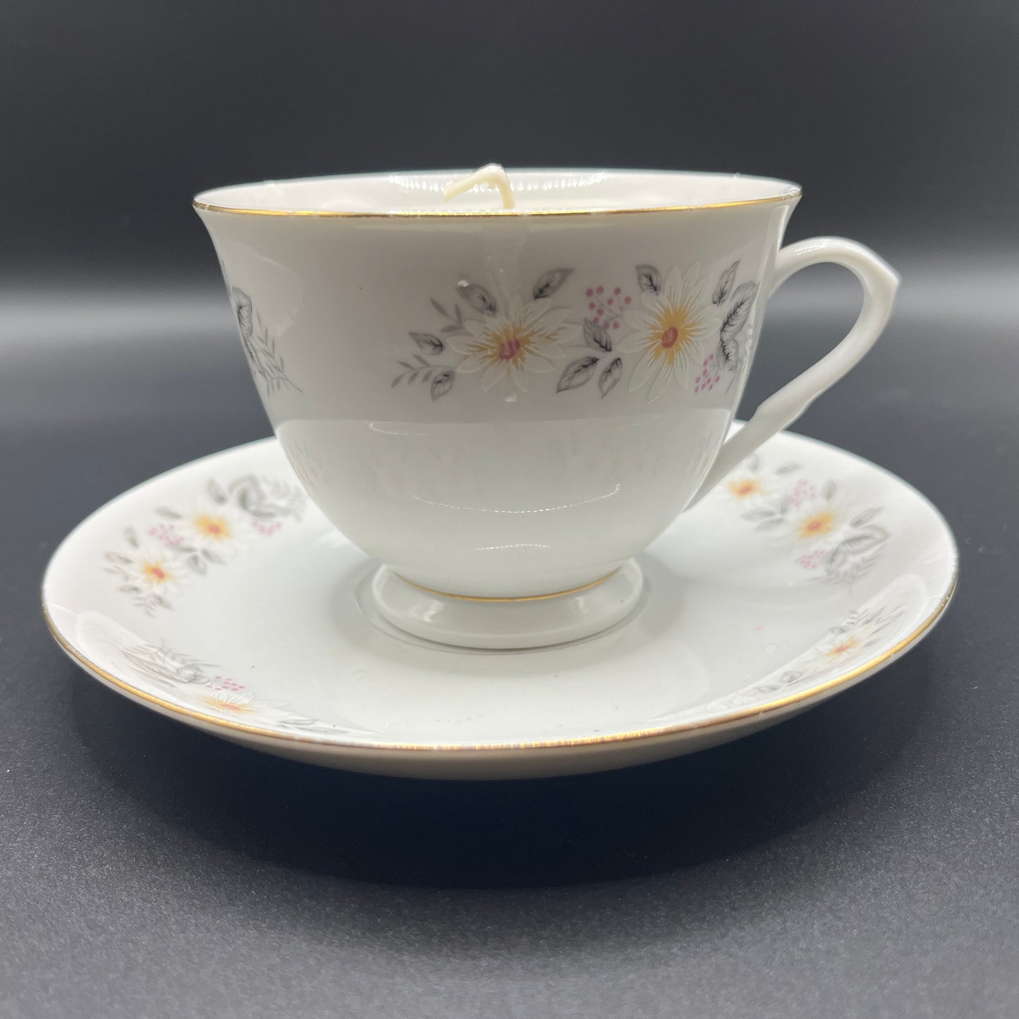 Golden Autumn Floral Soy Candle in Porcelain Teacup with Matching Saucer