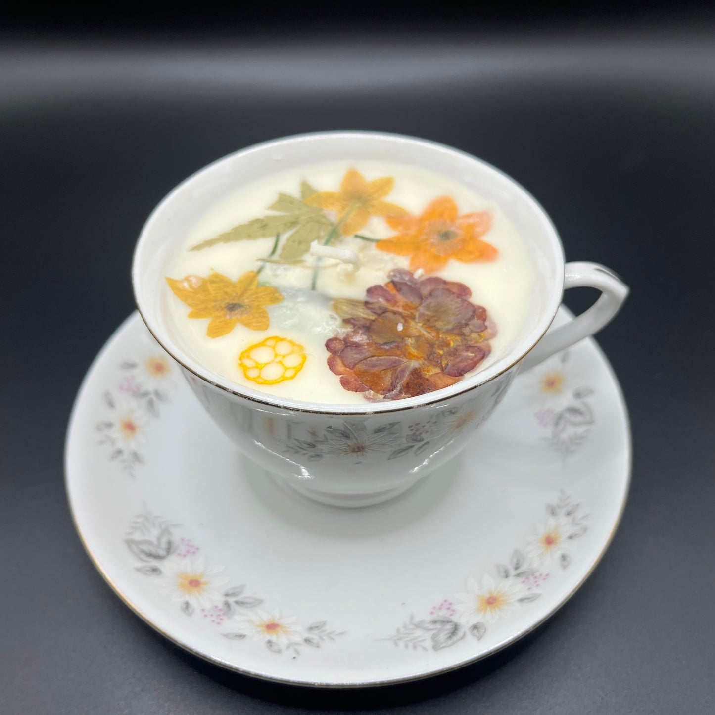 Golden Autumn Floral Soy Candle in Porcelain Teacup with Matching Saucer