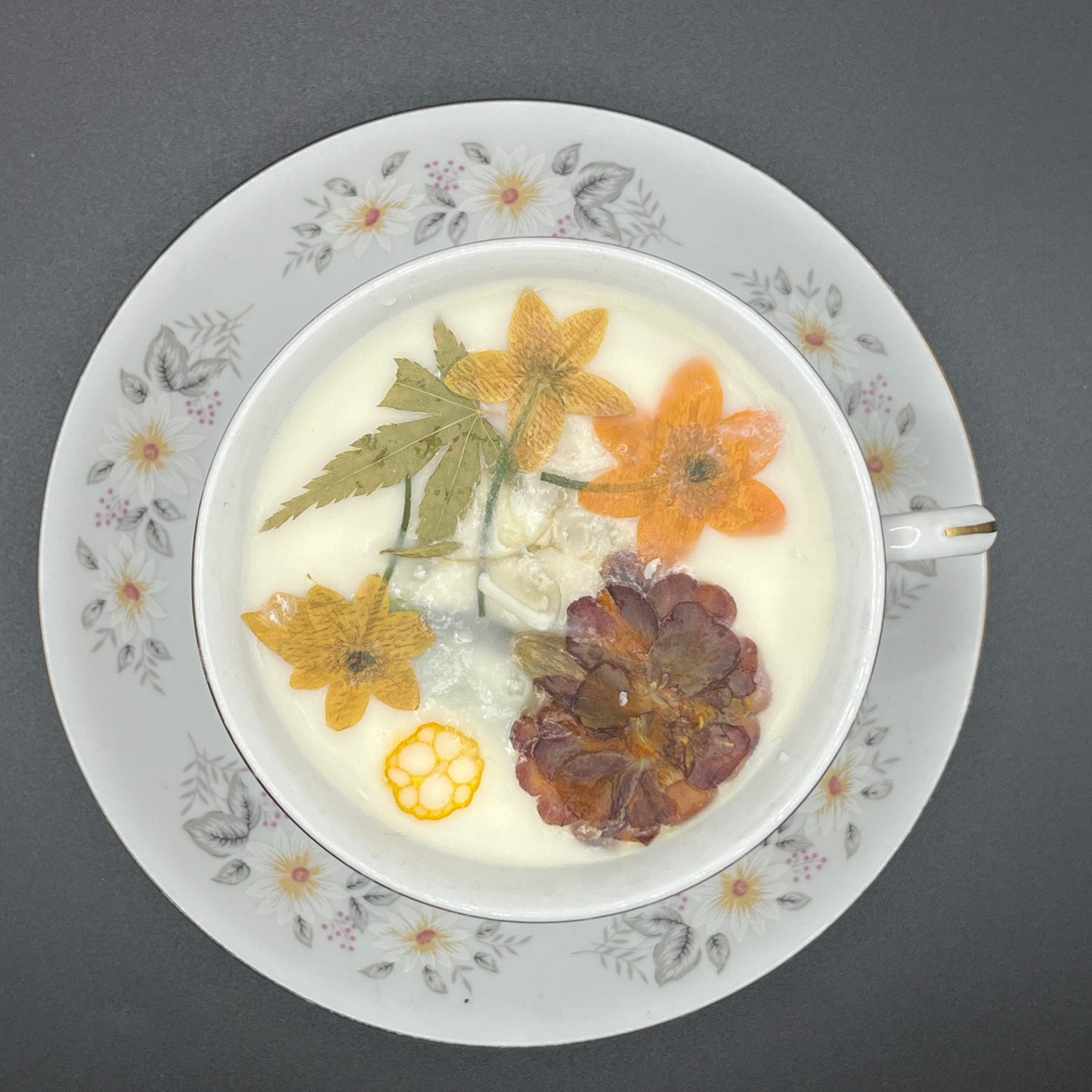 Golden Autumn Floral Soy Candle in Porcelain Teacup with Matching Saucer