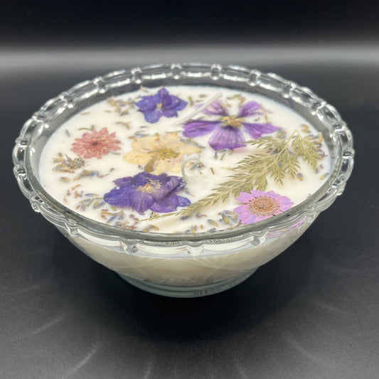 Vintage Cut-Glass Lidded Bowl Candle with Purple & Lavender Botanical Design