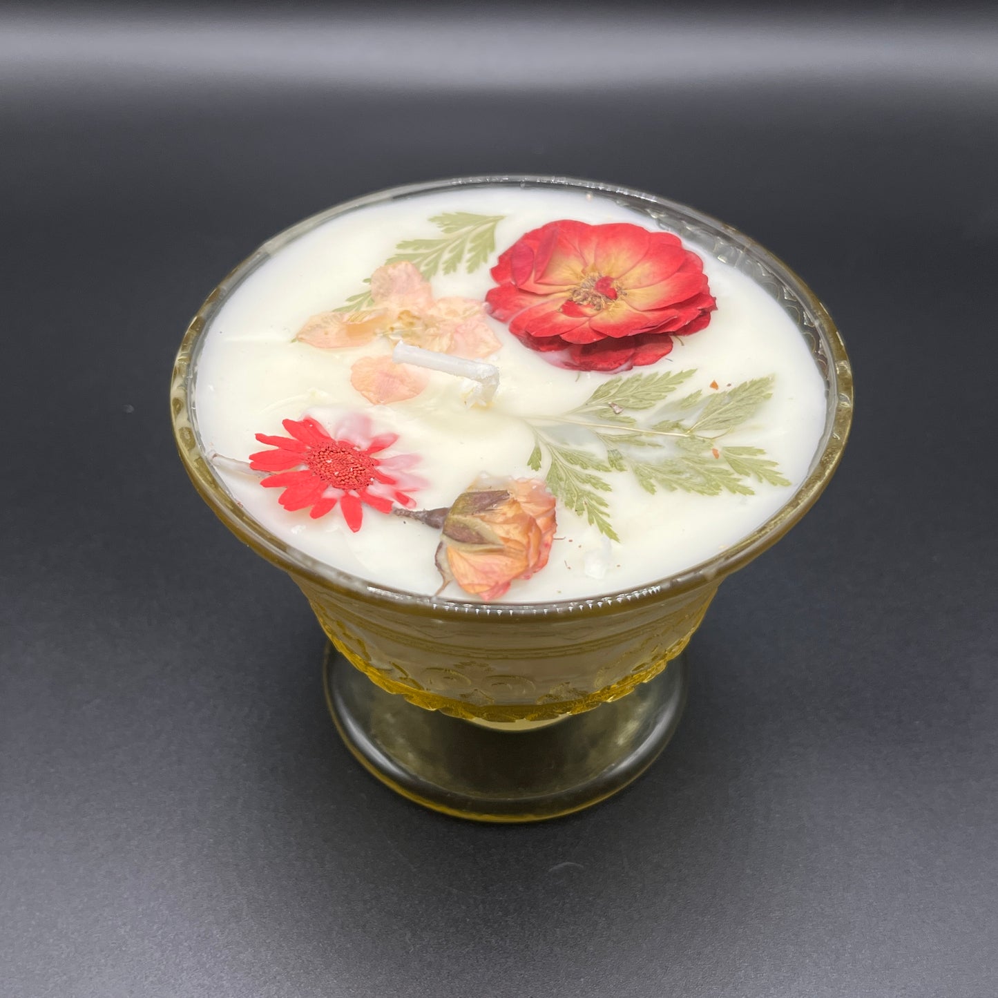 Amber Pedestal Glass Bowl Soy Candle with Red & Peach Pressed Florals