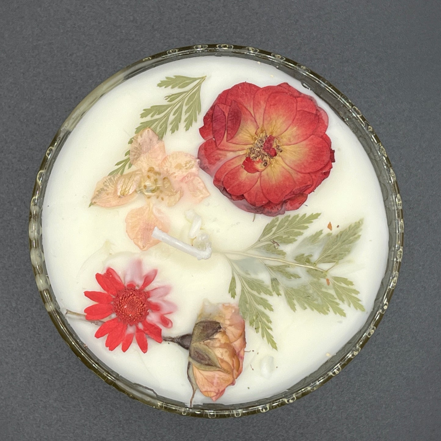 Amber Pedestal Glass Bowl Soy Candle with Red & Peach Pressed Florals