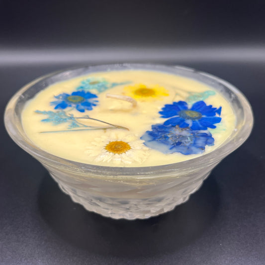 Cream Floral Soy Candle in Cut Crystal Glass Bowl