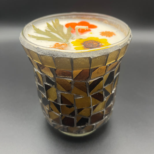 Pressed Botanical Mosaic Glass Candle – Amber Bloom