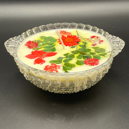 Vintage Cut Glass Handled Bowl Candle with Pressed Red Garden Florals