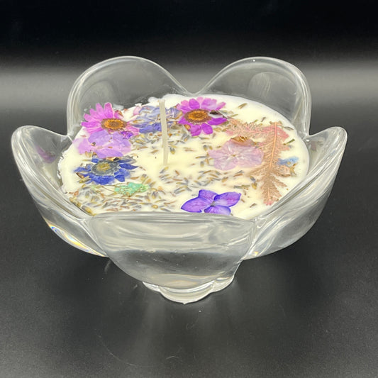 Floral Pedestal Glass Bowl Candle with Lavender and Pressed Botanicals