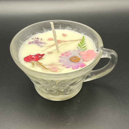 Vintage Cut Glass Teacup Candle with Soft Pink Pressed Florals
