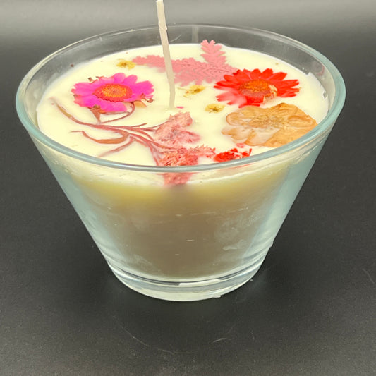 Clear Glass Tumbler Candle with Vibrant Pink and Red Pressed Botanicals