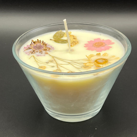 Clear Glass Floral Bowl Candle with Soft Pink and Golden Pressed Botanicals