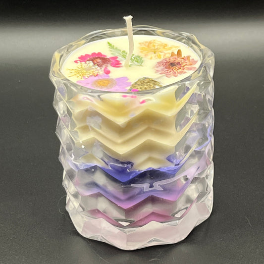 Chevron Faceted Glass Candle with Layered Pastel Wax and Pressed Garden Florals