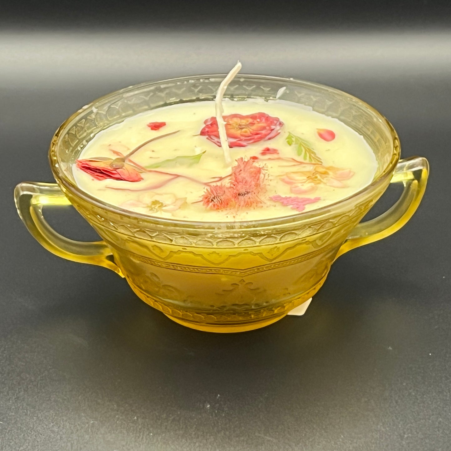 Amber Floral Double-Handled Glass Bowl Candle – Rose Accent