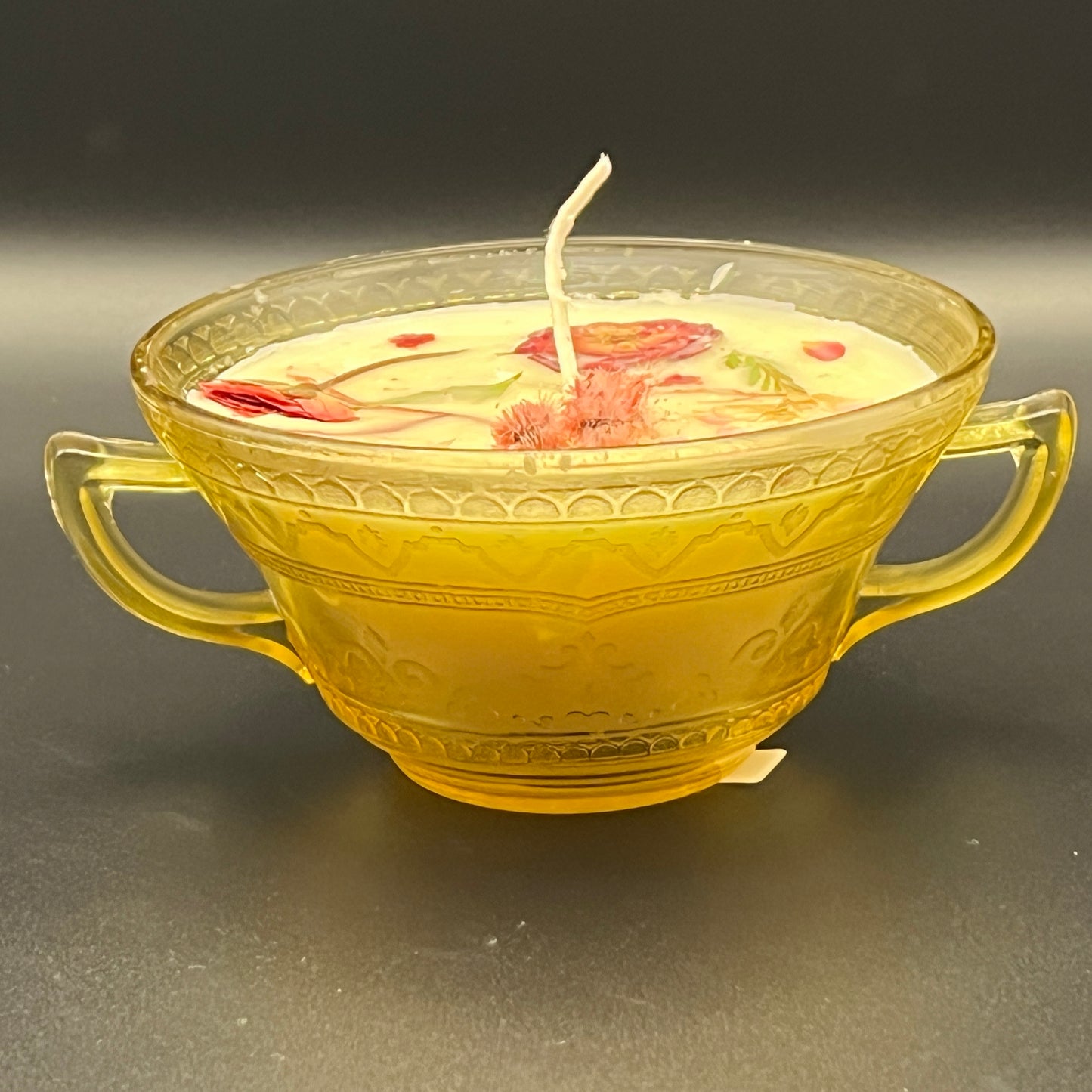 Amber Floral Double-Handled Glass Bowl Candle – Rose Accent