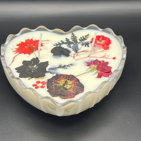 Milk Glass Floral Heart Bowl Candle – Double Wick