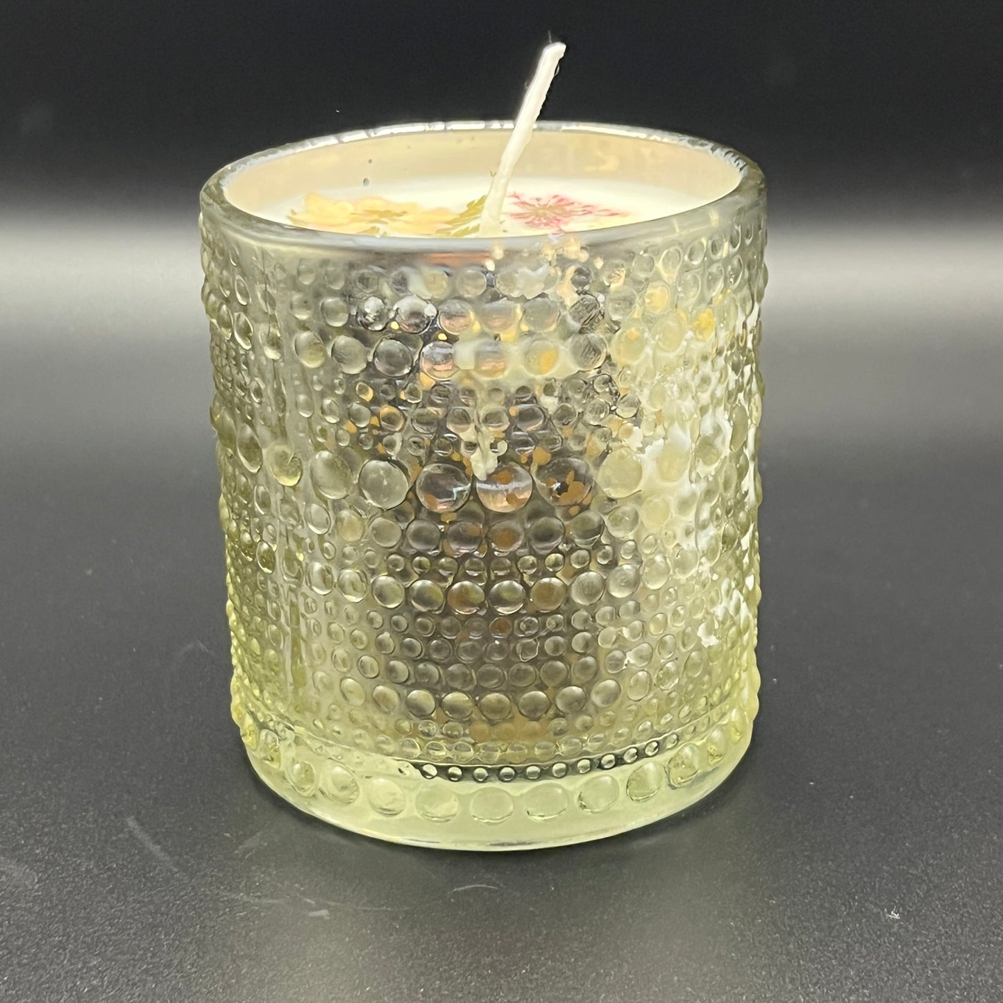 Vintage Floral Hobnail Green Glass Candle