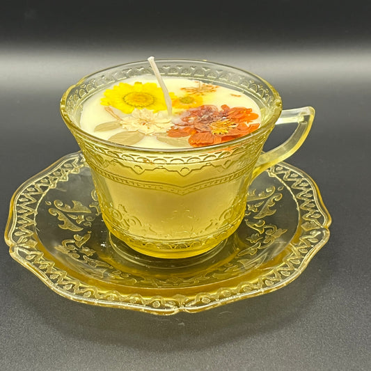 Amber Floral Glass Teacup Candle with Saucer