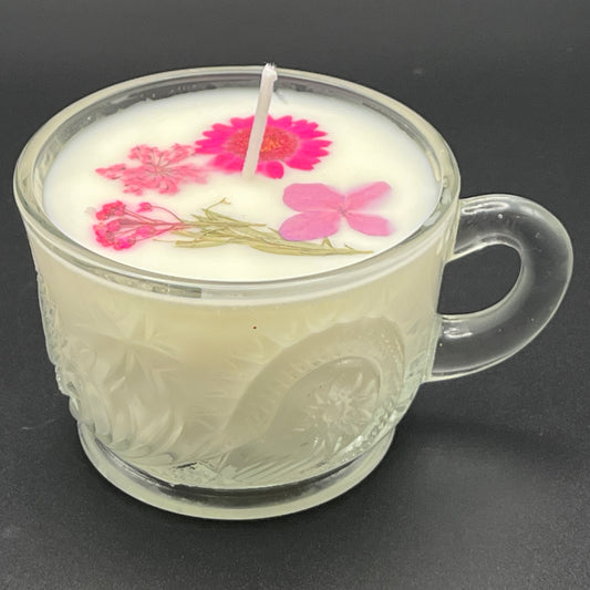 Pink Petal Frosted Glass Teacup Candle