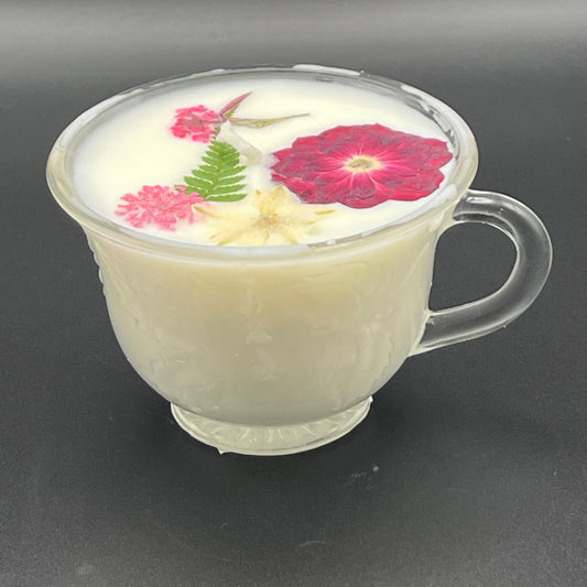 Crimson Garden Footed Glass Teacup Candle